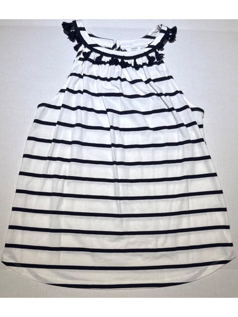 Crown & Ivy womens XS navy blue white striped tank shirt blouse tassles NWT